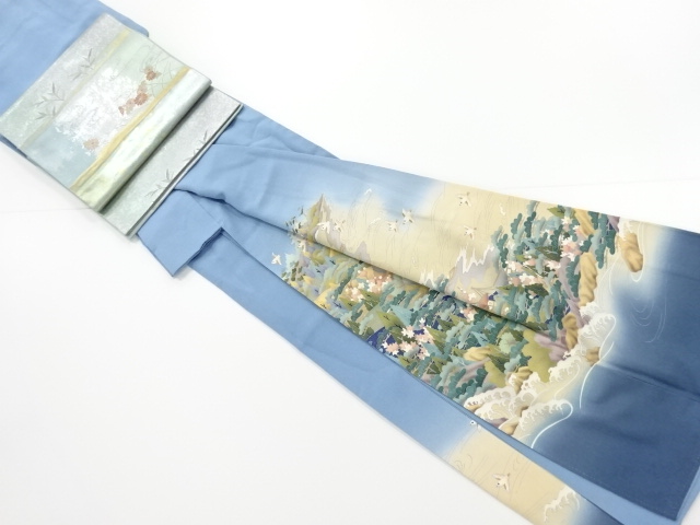 リサイクル　作家物　手描き友禅家屋風景に鳥模様一つ紋色留袖　長襦袢・袋帯セット